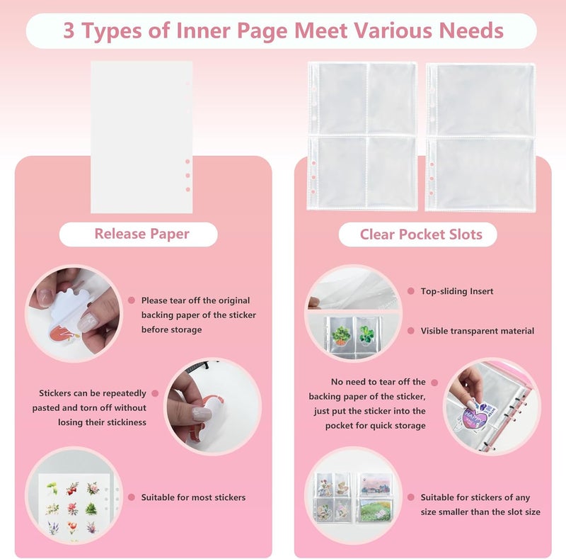 NOCAFI Sticker Storage Organizer Binder A5 Sticker Collecting Book Zipper Album for Adult with Blank Reusable Release Paper and Pocket Pages (Pink) - Image 3